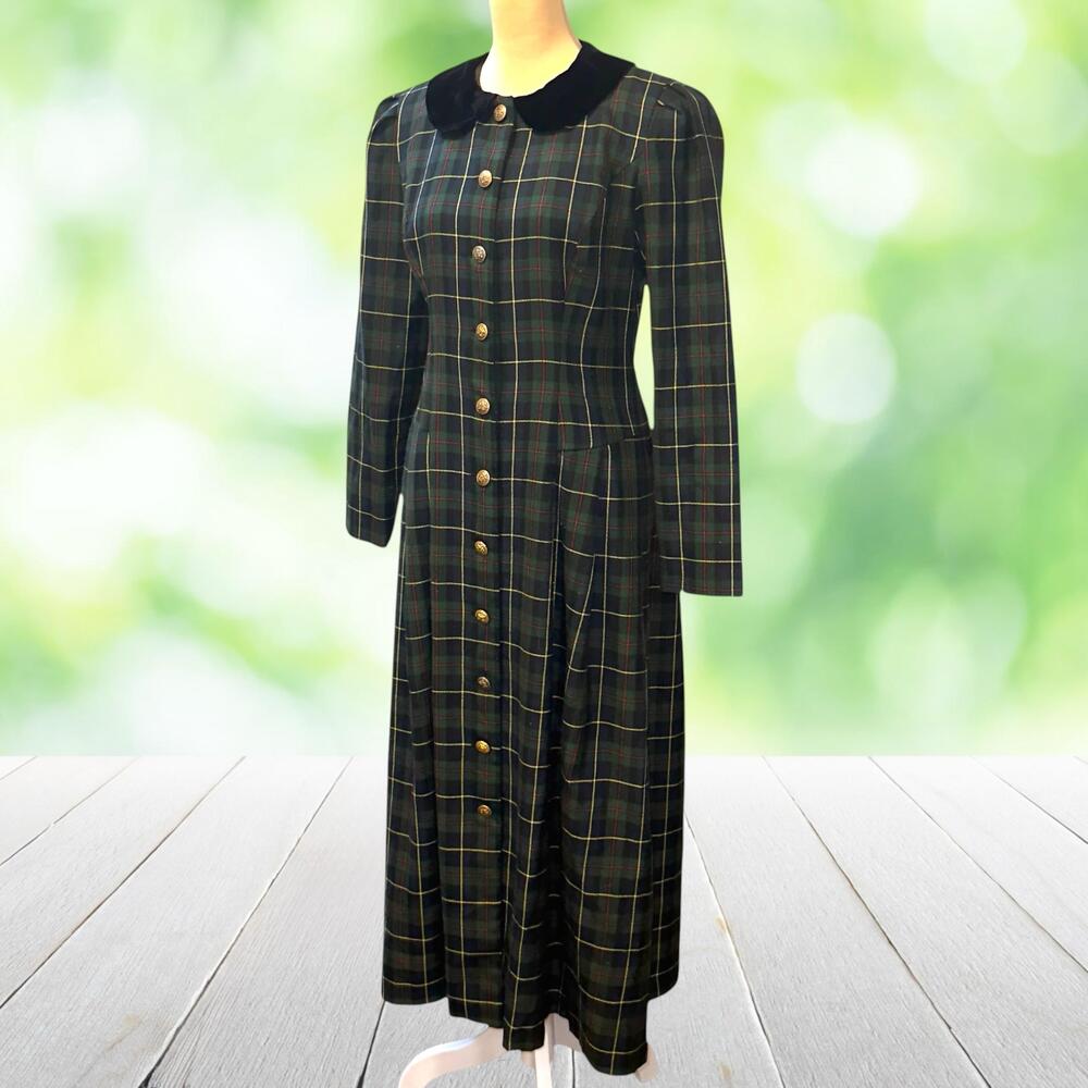 Vintage MAGGY LONDON Maxi Shirt Dress Tartan Plaid Velvet Peter Pan Collar Sz 4